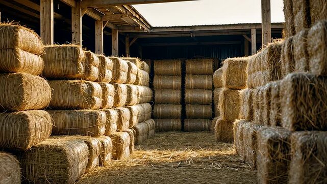 Large stacks of round hay bales stored neatly inside rustic barn interior with wooden beams and sunlight entering