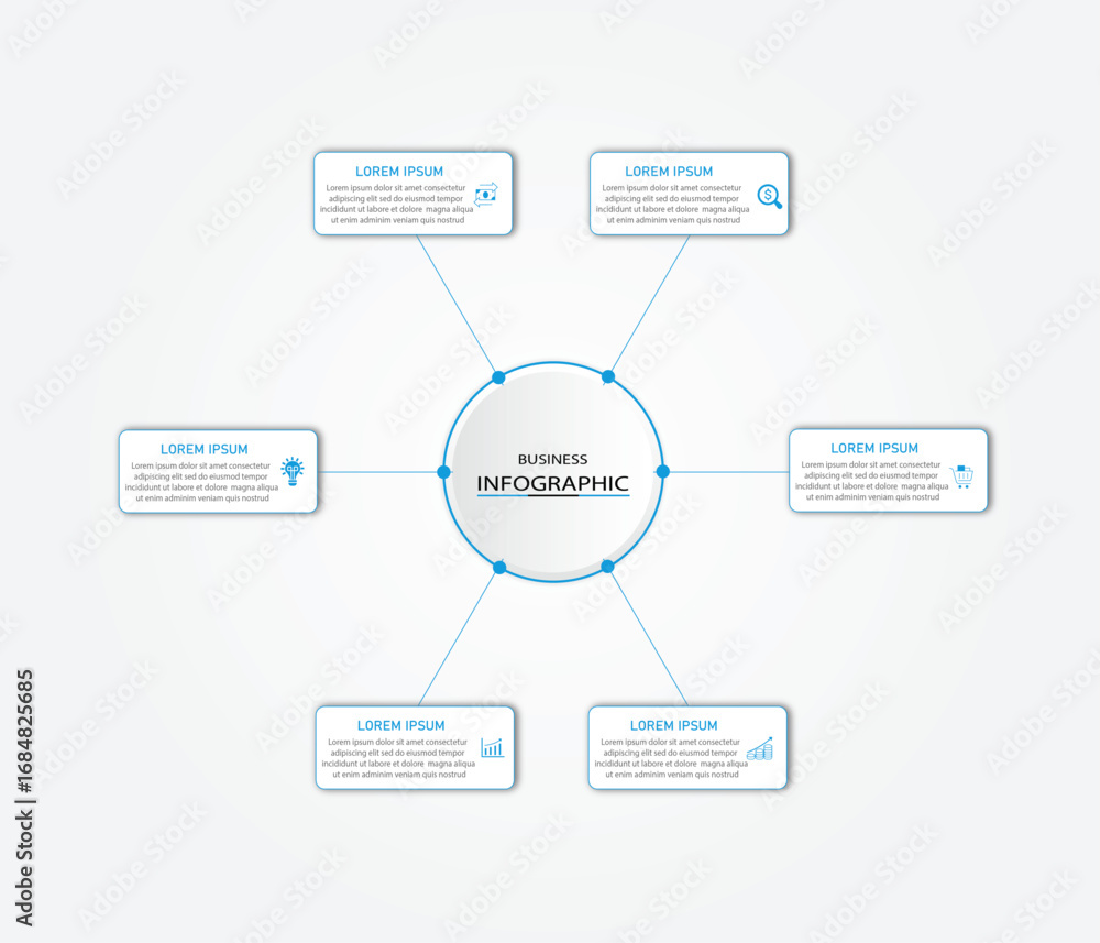 Poster business process in a visual diagram with circular 6 steps or options | infographic information repr