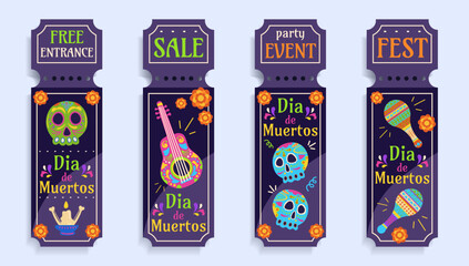 Day of the Dead celebration tickets and invitations of holiday symbols with sugar skulls, candles, guitar, maracas and other objects. Dia De Muertos vector design, greeting banners.