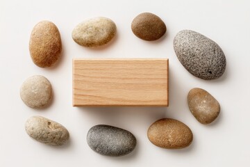 A light brown wooden rectangular block is surrounded by various sized smooth stones on a white background.