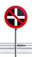 Round red prohibition sign on gray pole