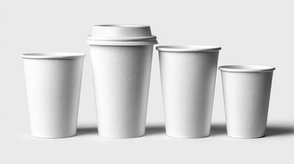 Four white disposable coffee cups of varying sizes,  with lids