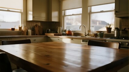 Modern Kitchen with Wooden Table and Natural Light