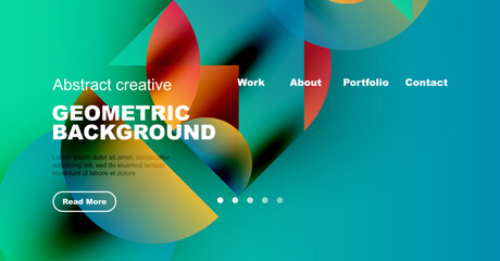 Abstract design features vibrant overlapping shapes. Text promotes portfolio, work, contact information. Modern aesthetic, dynamic composition.