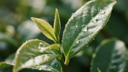 Fresh tea leaves glistening with dewdrops under natural light