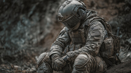 A soldier is sitting on the ground with his hands on his knees