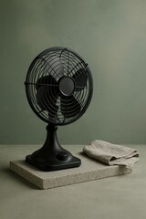 A stylish black fan on a platform with a cloth, showcasing a classic design and functionality