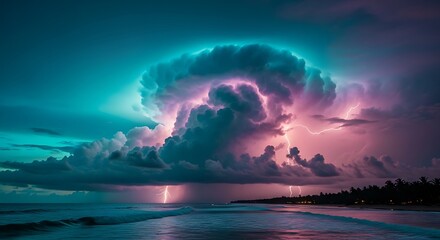 Dramatic Nightscape: Lightning Storm over Tropical Beach