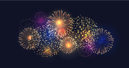 Fototapeta premium Bright fireworks explode in the night sky, festive fireworks, sparkling sparks of light lights. Perfect for New Year, holidays, parties and etc