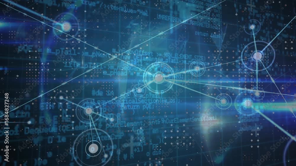 Poster animation of network of connections over globe and data processing on black background