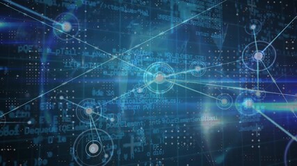 Animation of network of connections over globe and data processing on black background - Powered by Adobe