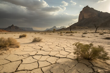 Arid landscape with cracked earth and sparse vegetation under a dramatic sky with distant mountains