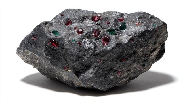 Dark rock, studded with vibrant red and green gems