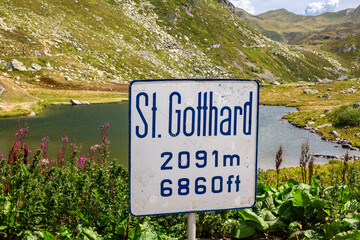 A sign at St. Gotthard Pass, Switzerland, indicating elevation of 2091 meters