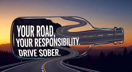 Conceptual art illustrating the risk of drunk driving, with a winding highway contained within a liquor bottle silhouette at sunset Promotes safe driving 