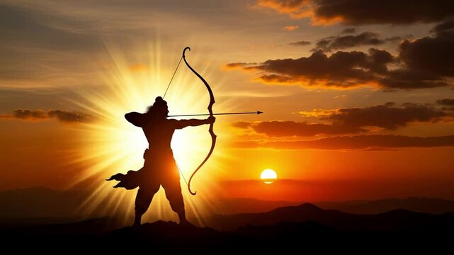 Vijaya dashami striking silhouette of a powerful archer with bow and arrow at sunset symbolizing the triumph of good over evil