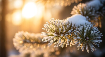 A delicate pine branch covered in glistening frost and fresh snow, backlit by the warm, soft glow of the winter sun
