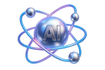 Metallic ai atom with electrons rotating around nucleus symbolizing artificial intelligence on a transparent background