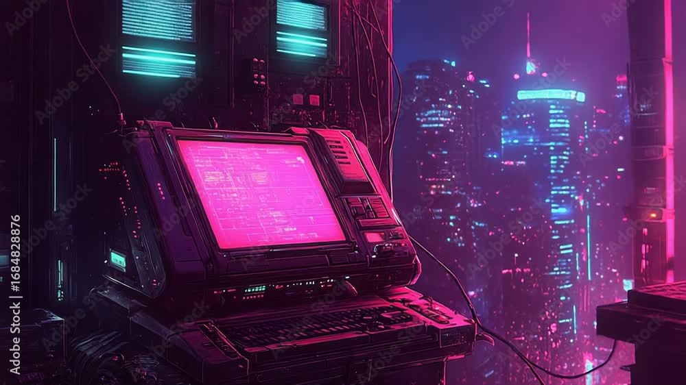 Poster futuristic computer displaying code in cyberpunk cityscape