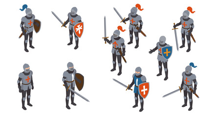 Isometric medieval knights collection with swords and shields in armor