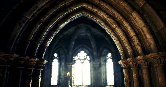 Gothic architecture interior with arched windows and stone columns.