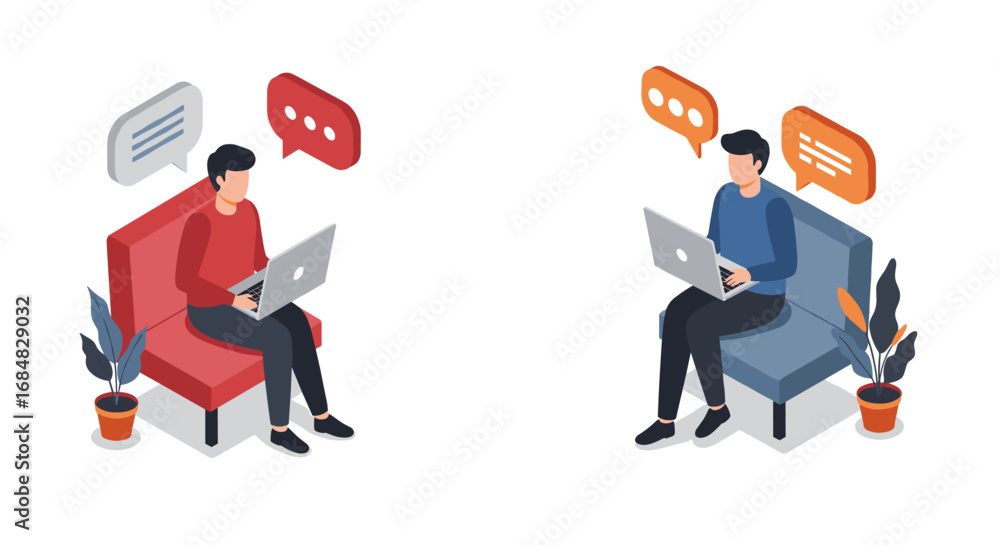 Poster remote work communication in isometric style with digital devices and speech bubbles