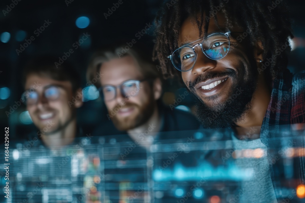 Poster happy team of professionals analyzing data on a digital interface at night