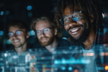 Happy Team of Professionals Analyzing Data on a Digital Interface at Night