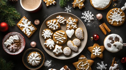 Festive gingerbread cookies on a dark surface