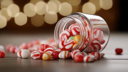 Jar tipped over with colorful candy spilling out Bokeh lights in background - Powered by Adobe