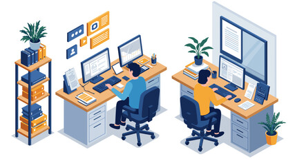 Modern office workspace isometric design with two people working at desks
