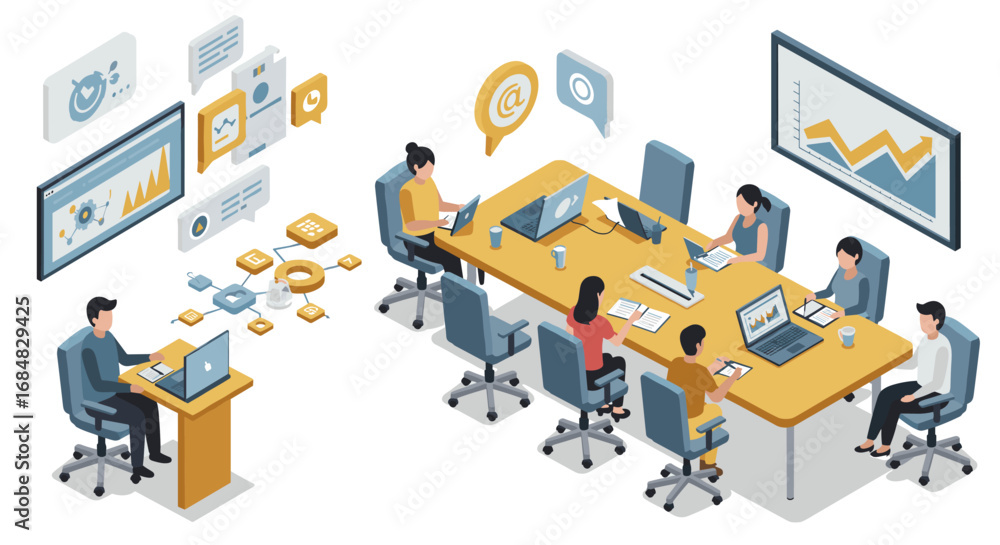 Poster modern office team collaboration in isometric design with digital technology and data analysis