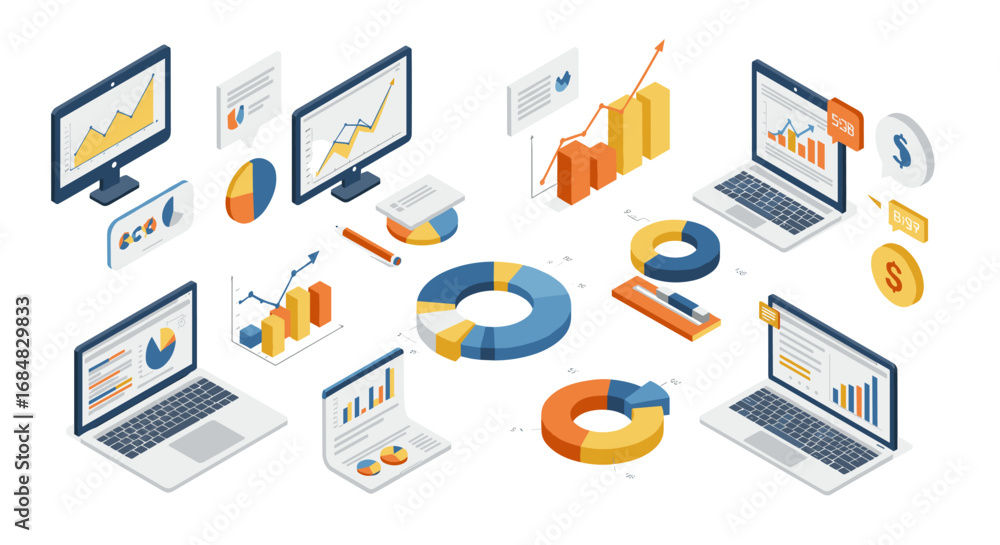 Poster isometric financial analysis and data visualization with laptops and charts
