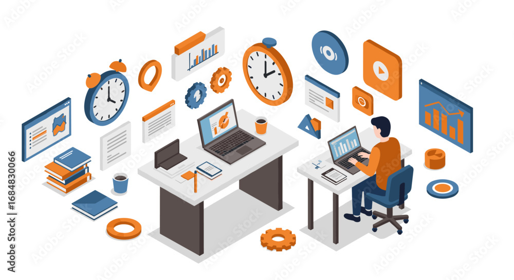 Poster isometric office workspace with business analytics and technology elements
