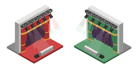 Isometric theater stages with curtains and spotlights in red and green
