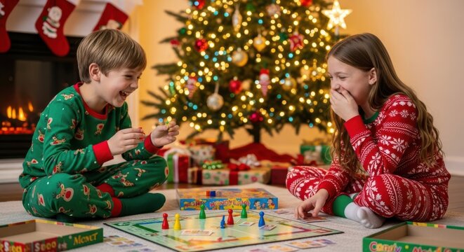 Children Play Board Games By Christmas Tree Presents
