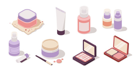 Isometric beauty products collection featuring skincare and makeup items