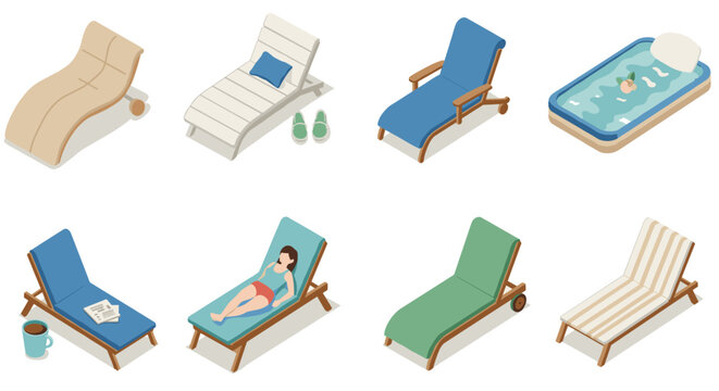 Isometric beach lounge chairs and poolside relaxation scenes - Powered by Adobe