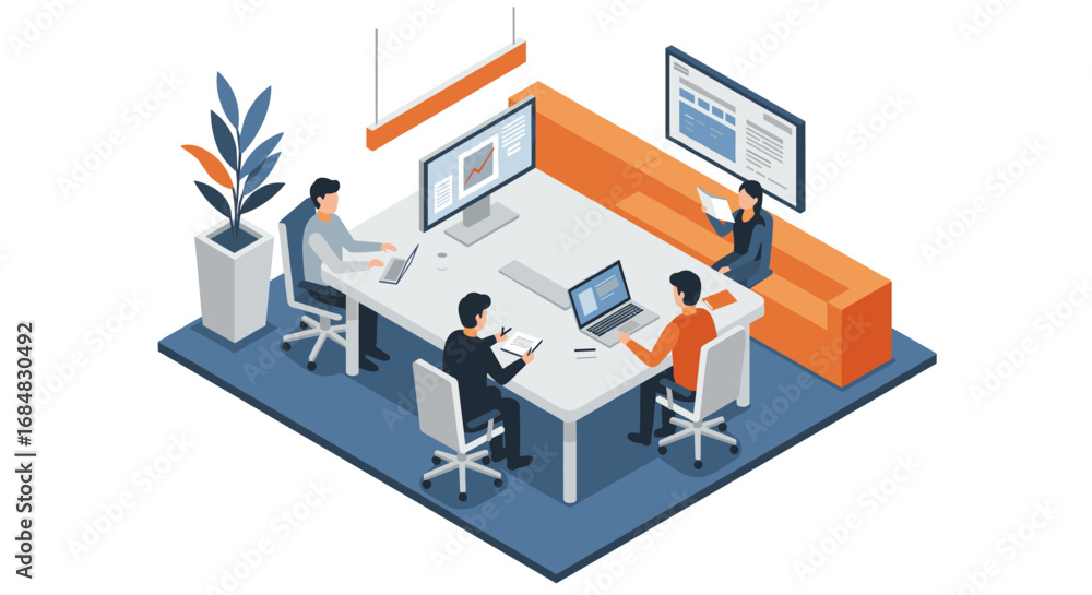 Poster isometric modern office workspace with team collaboration and technology integration