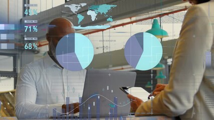 Animation of financial data processing over diverse business people - Powered by Adobe