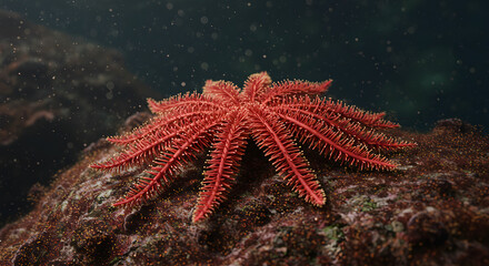 Vibrant red starfish with multiple arms gracefully spread across a textured rock in the ocean depths, showcasing marine life in its natural habitat
