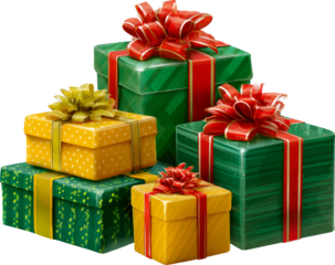 Stack of Holiday Gifts with Red, Green, and Yellow Ribbons & Bows