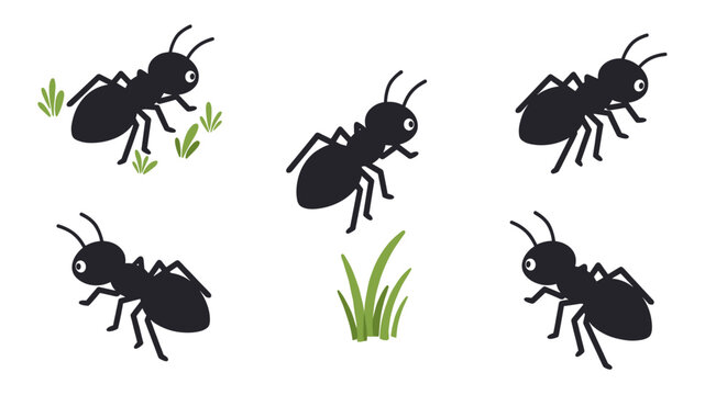 Cute cartoon ants and grass elements in minimalist style
