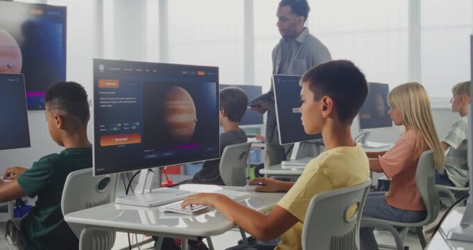 Primary School Students Working on Computers, Creating Video Projects in AI Video Generator, Studying Artificial Intelligence Technology. African American Teacher Educating Diverse Kids. STEM Learning - Powered by Adobe