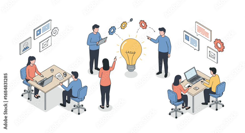 Poster collaborative teamwork and idea generation in isometric office setting