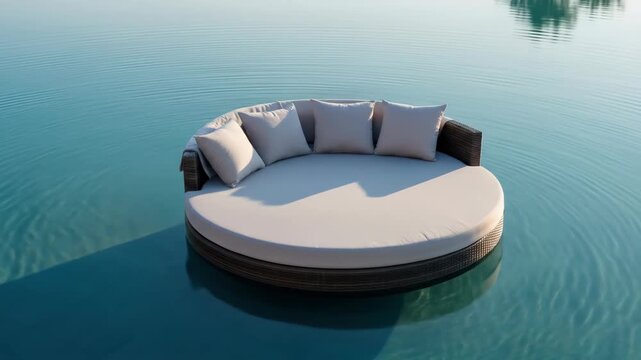 Round rattan daybed with cushions in tranquil blue water, a relaxing vacation destination.