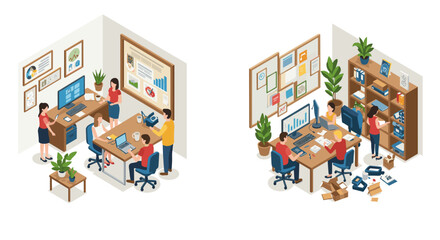 Isometric office scenes with team collaboration and workspace organization