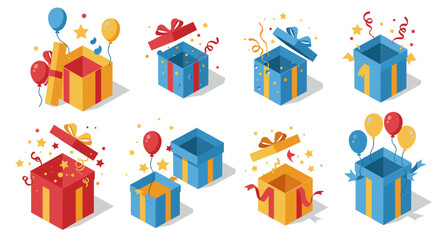 Colorful gift boxes with balloons and confetti in isometric style