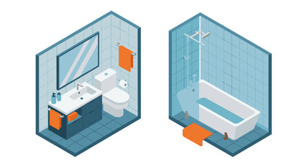 Modern isometric bathroom design with vanity and bathtub in blue and orange palette