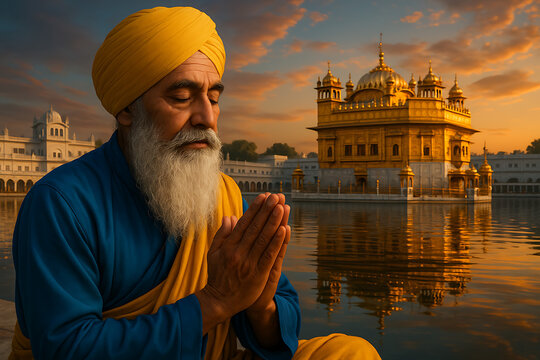 a pious sikh man with a flowing white beard wearing a yellow turban praying near the golden temple at sunrise for guru nanak jayanti